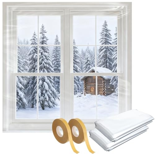 Pangda 2 Pack Window Insulation Kit 63 x 394 Inch Plastic Window Covering for Winter Windows Film Wrap with Tape Double-Sided Home Winterizing Kit for 3 x 5 ft Windows
