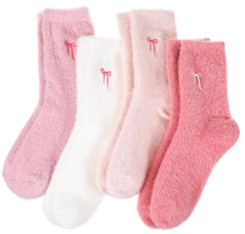 Abeillo 4 pares de calcetines de peluche para mujer, calcetines de invierno suaves y mullidos, forro polar de coral, calcetines cálidos para casa, bonitos lazos, cómodos calcetines para invierno, b