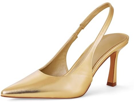 Zhabtuc Zapatos Mujer Slingback Elegantes y Cómodos para Vestir, Zapatos Tacon Mujer con Correa Ajustable, Sandalias de Tacón Alto de 10 cm, Punta Afilada, Stiletto, Dorado Mate, 41 EU