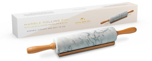 Silk Route Home White Marble Rolling Pin with Acacia Wood Handle & Base | Naturally Weighted, Non-Stick, Cool-Surface Dough Roller for Baking, Pastry, Pizza & Cookies