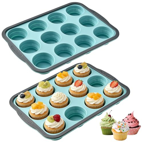 SIMDAO 2 Pcs Silicone Muffin Trays, 12 Cup Silicone Muffin Cupcake Tray with Metal Frame, Muffin Moulds for Baking, Yorkshire Pudding Tray for Oven Dishwasher Safe Making Muffins, Cupcakes