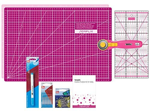 SEMPLIX Patchwork startset med skärunderlag (A3), rullskärare maxi, linjal + PRYM sömnakar, stift och trickmarkör (rosa/bär)