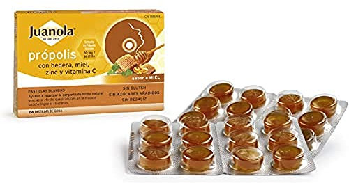 JUANOLA Própolis Sabor Miel - 24 pastillas blandas - Ayudan a suavizar la garganta de forma natural. Producto alimenticio con Própolis, Hedera, Miel, Zinc y Vitamina C.