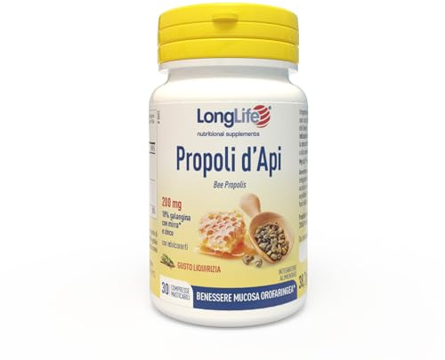LongLife® Propoli d’Api | Titolata al 18% in galangina con mirra e zinco | Funzionalità della mucosa orofaringea e del sistema immunitario | 30 compresse masticabili | Vegetariana e senza glutine