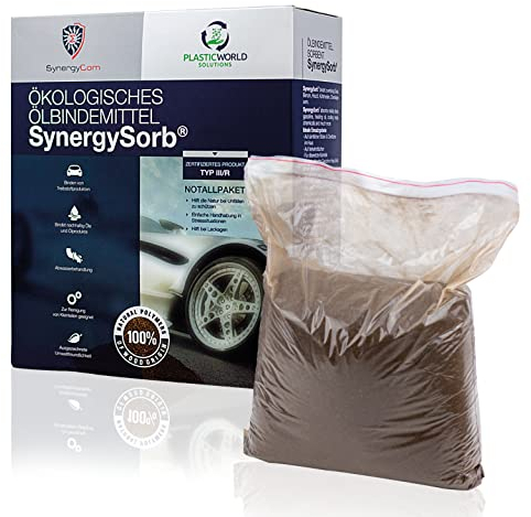 SynergySorb® 1kg | Öl-Bindemittel Typ III R Ökologischer Öl-Binder aus Lignin, DEKRA-zertifiziert | Starke-Sichere-Chemikalien-Oil-Bindung | Notfall- & Werkstattpaket Nachhaltig Bindestark