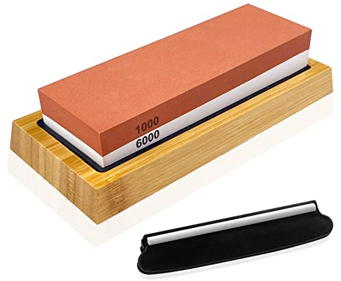 Uootach Pietra per Affilare, Affilacoltelli 1000/6000 Grana, Pietra abrasiva due in uno con base in bambù antiscivolo, Tappetino antiscivolo in silicone e Localizzatore, cote a doppia faccia