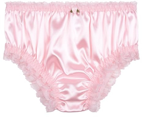 Satini Satin Dentelle froufroutante efféminé Shorty Slips Culottes sous-vêtements (Rose Clair, S)