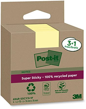 Post-it Superklibbiga 100% återvunna anteckningar, paket med 3 + 1 gratis dynor, 70 ark per dyna, 76 mm x 76 mm, kanariegul – extra klisterlappar tillverkade av 100% återvunnet papper