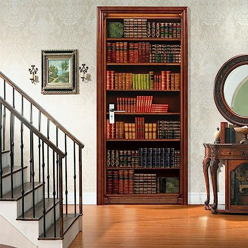 A.Monamour Adesivo Porta Autoadesiva 3D Vecchi Libri Sullo Sfondo Della Libreria Scaffale In Legno Vinile PVC Adesivi per Porte Interne Pellicola Adesiva Poster Murale Parete Carta da Parati 85x215cm