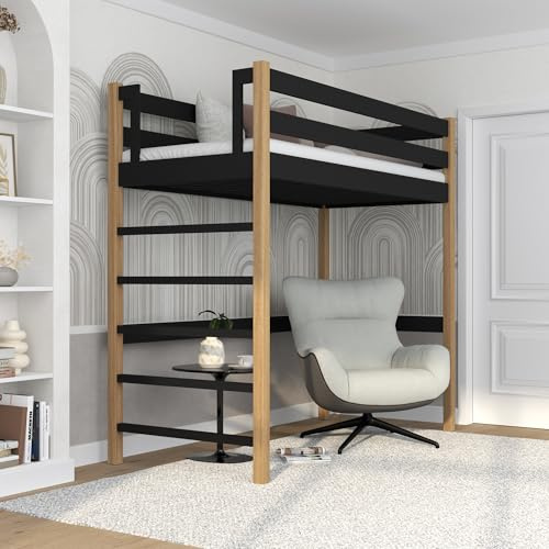 N-Wood N01 Loftsäng, våningssäng 120 x 190 cm, tillverkad av ek, 2 ledarmonteringssidor: Vänster eller höger, säkra rundade kanter, stabil massiv träkonstruktion, högkvalitativa material, svart tecken