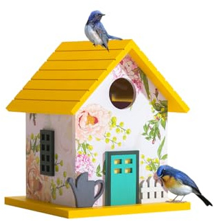 Spring Melody Bluebird House, Composite Material Nesting Box, Hanging Birdhouse for Blue Bird,Sparrow, Chickadee, Birdhouse for Outside, 5 Years Weatherable Bird Box on Post for Pole (Garden Cottage)