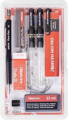 Aristo AR64154 mg1 Pro Tuschefüller Studio Set 8-teilig (3 Tuschefüller mg1 Pro, Strichstärken 0,2/0,3/0,5 mm, Feinminenstift 0,5 mm mit Ersatzminen, Zirkeladapter, Radierer, Zeichentusche schwarz)