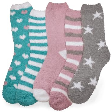 Basic Treasure 5 pares de calcetines de peluche para mujer, mullidos y gruesos, cálidos calcetines de felpa para invierno, calcetines de dormir acogedores, Mezcla de colores, 37-41