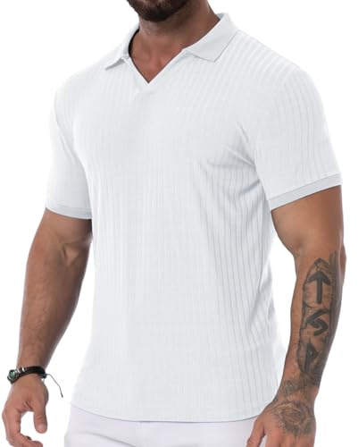 QIXING Mens V-Neck T Shirt Muscle Slim Fit Polo Shirts Ribbed Short Sleeve Knit Golf Polo Casual Summer Work Top for Men UK(White,L)