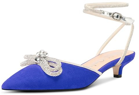 NobleOnly Mujer Diamante Nudo Arco Pumps Gatito Heel Cerrado el Dedo del pie Puntiaguada Punta Correa Tobillo Pumps de Boda Dress Zapatos 3.5 CM Heels Azul Real 39 EU