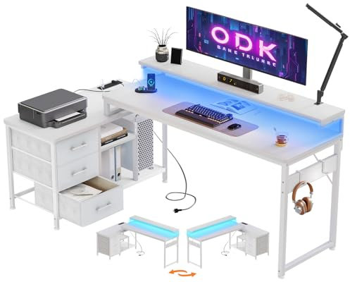 ODK Corner Desk with Drawers, 174x100 cm L Shaped Desk with LED Lights & Power Outlet, Reversible Office Table with Storage, Computer Table with Monitor Stand for Office and Bedroom, White