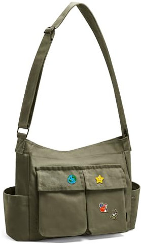 SKCOYH Canvas Messenger Bag – Kuriertasche mit Multi-Pockets & Metall-Schnalle, Crossbody Bag Herren & Damen, ideal für Schule, Uni, Reisen & Alltagspendeln.(Green)