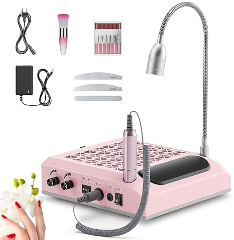 Trsaow Fresa elettrica per unghie 4 in 1, aspiratore professionale per polvere da 30.000 giri/min, potente aspiratore da 80 W, luce LED girevole da 6 W, silenzioso, con 3 lime per salone (Pink)