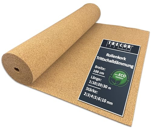 TRECOR Cork Impact Sound Insulation Rolls - Thickness 2 mm - Natural and Ecological Acoustic Impact and Walking Sound Insulation for Laminate and Parquet Floors - You Buy (20 m²)