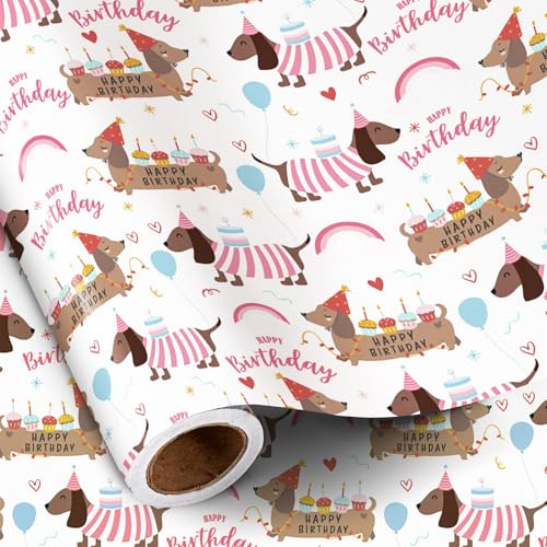 RUSPEPA Hund födelsedag omslagspapper rulle för flickor, minirulle, rosa tax med tårta, ballong och Happy Birthday textdesign, presentinslagning för barn, husdjursälskare, valpfest, 43,2 cm x 5 m