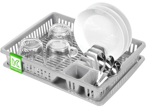 KADAX diskställ av plast, droppställ med bestickkorg, diskkorg, 38 x 30 x 7 cm, droppskål, diskställ, diskställ för tallrikar, glas, bestick (ljusgrå, liten)