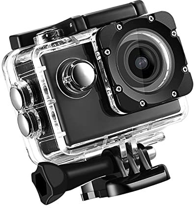 NOENNULL Action Camera, 1080 HD Video, 30M Subacquea, Accessori per caschi, biciclette, tavole da surf, sci, corsa, snorkeling, (nero)