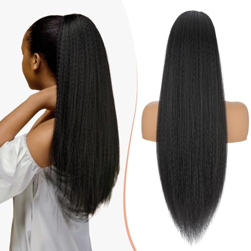 TESS Yaki Chignon Postiche avec Cordon de Serrage, 60cm d'Extensions Capillaires Synthétiques Bouclées, Extensions de Cheveux Ondulés pour Femmes Noir Naturel