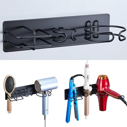 YYBO Hair Dryer and Straightener Holder Wall Mount Hair Dryer Holders, 3 in 1 Bathroom Hair Tool Organiser for Curling Iron, Straightener Hairdryer Holder Adhesive (Black)