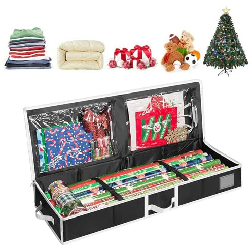 Presentpapper förvaring 600D Oxford, presentpappersarrangör med nätfickor, omslagspappersrullar för jul födelsedag presentpappersrullar tillbehör, 104 x 36 x 16 cm, svart