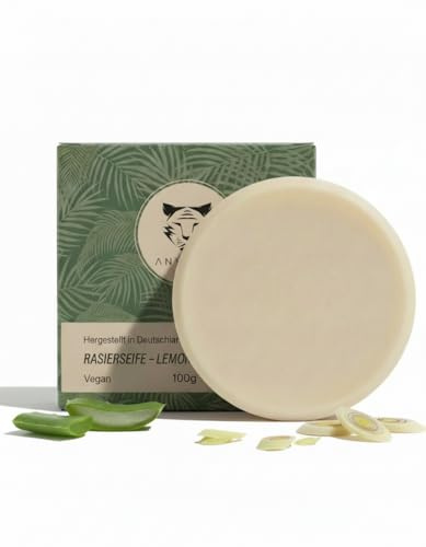 ANYMALE® Premium Rasierseife Lemongrass Aloe Vera 100g - Handgefertigt in Deutschlands ältester Seifenmanufaktur - Perfekt für die Rasur mit Rasierhobel & Rasiermesser - Vegane Rasierseife