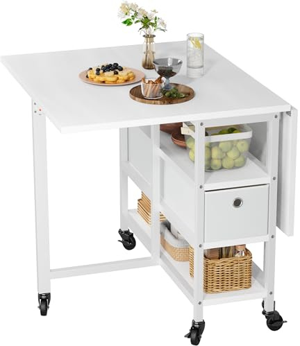 YITAHOME Mesa de Comedor Plegable, Mesa móvil con 6 Ruedas y cajones de Almacenamiento para Espacios pequeños, Cocina, Comedor, Color Blanco