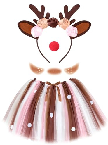 KMLGY 4 Pcs Reindeer Costume Accessories - Reindeer Antler Headband Nose Deer Face Tattoo and Tutu Skirt for Christmas Fancy Dress Outfits (A)