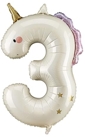 PartyDeco - Palloncino con numero unicorno, 91 cm, in alluminio, per ragazze, gonfiabili ad aria ed elio, decorazioni per feste di compleanno (numero 3)