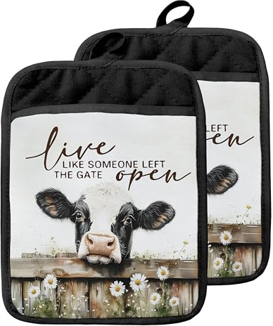 GOOZHO Farmhouse Cottagecore Cow Pot Holders with Pockets, Live Like Someone Left The Gate Open Oven Pot Holders Heat Resistant Oven Mitts Hot Pads for Kitchen Baking Cooking
