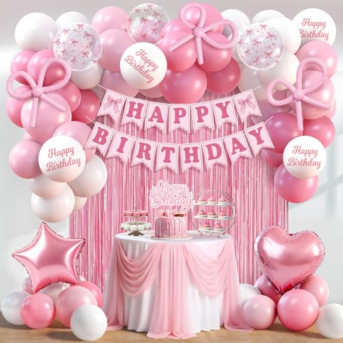 Pink Birthday Decorations for Girls, 52 pcs Pink White Party Decorations | Pink Happy Birthday Banner Latex Balloons Tinsel Curtain Star Heart Foil Balloons for Princess Birthday Decorations Girls