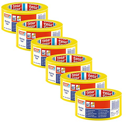 tesa 60760 Bodenmarkierung Markierungsband aus weichem PVC - Warnband für temporäre Arbeitsbereich-Kennzeichnung, ideal für Innenbereiche - gelb - je 33 m x 5 cm | 6 er Pack