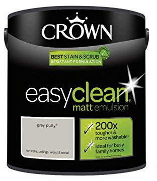 2.5L CROWN Easy Clean MATT Emulsion Multi Surface Paint That can be Used on Walls, Ceilings, Wood and Metal Stain & Scrub Resistant Formula – Grey Putty