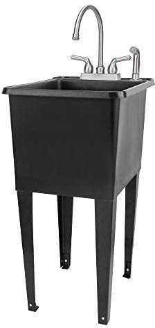 Black Space Saver Utility Sink by JS Jackson Supplies, Freestanding Tehila Space Saving Laundry Tub, Stainless Steel Gooseneck Faucet with Side Sprayer
