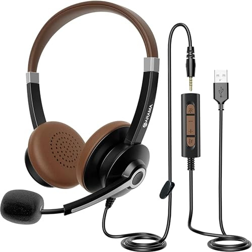Arama USB Headset with Microphone for PC Computer Headset with Noise-Canceling Mic & in-Line Controls, Connects to PC/Cellphone/Tablet, via USB-A/USB-C/3.5mm Jack