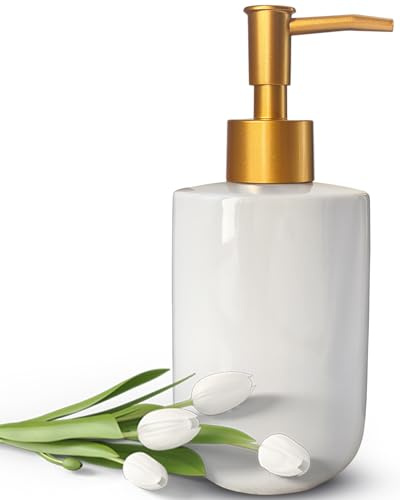 Dispenser di sapone liquido per bagno con pompa dorata, dispenser di sapone per piatti per lavello della cucina, dispenser di sapone per le mani in ceramica ricaricabile da 420 ml (bottiglia bianca