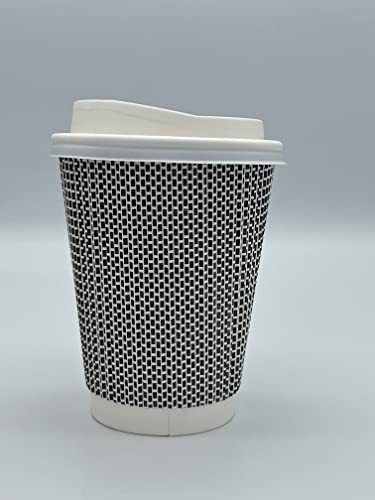 HOT BARGAINS 12oz Disposable Coffee Cups with Reusable lids, 360ml Triple Layered Recyclable Paper Cups, Black and White Ripple Design, 100 Count