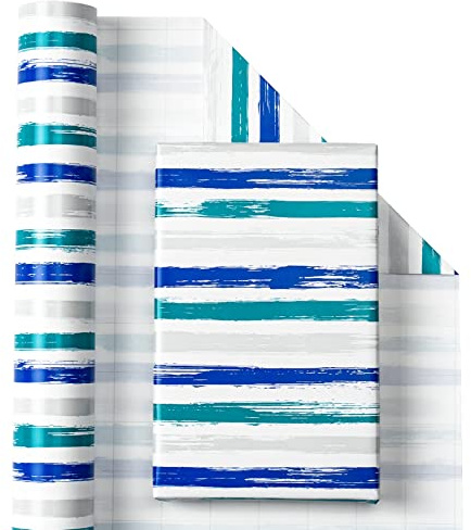 RUSPEPA Rollo De Papel De Regalo - Impresión De Líneas Azul Marino Y Gris Para Cumpleaños, Vacaciones - 43,2 cm X 10 m