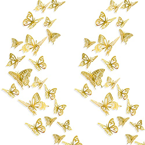 48 Stück Schmetterlinge Deko, 3D Schmetterling Aufkleber Butterfly Wanddeko Tortendeko für Wohnzimmer Kinderzimmer Hochzeit Party(Gold)