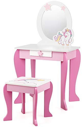 COSTWAY HW66654-VC, tavolo da toeletta per bambini, con sgabello, con cassetto e specchio rimovibile, per ragazze dai 3 ai 7 anni (rosa),