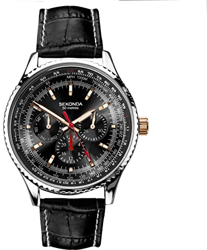 Sekonda Maverick Montre à Quartz pour Homme avec Affichage analogique 43 mm, Noir, Cuir Noir, Coutures Blanches, Militaire