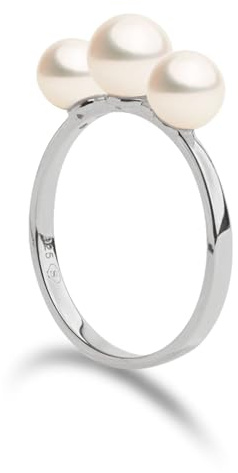 Secret & You Anillo de Tres Perlas Cultivadas de Agua Dulce Redondas de 5,5 a 6,5 mm de Mujer Anillo de Plata de Ley 925 bañada en Rodio - 3 tallas