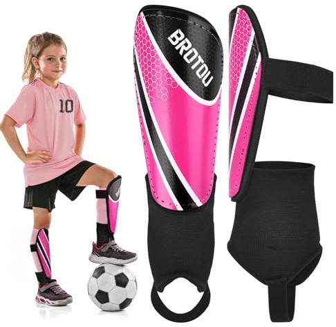 Youth Football Shin Guards, BROTOU High Strength Junior Shin Pads with Calf & Ankle Protection, Lightweight Design, Breathable, Non Slip Extended Adjustable Straps, for Boys and Girls (S, Rose Red)