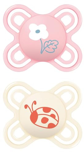 MAM Perfect Start Schnuller im 2er-Set, speziell für Neugeborene, zahnfreundlicher Baby Schnuller aus nachhaltigen & bio-erneuerbaren Materialien, mit Schnullerbox, 0-2 Monate, Blume/Marienkäfer