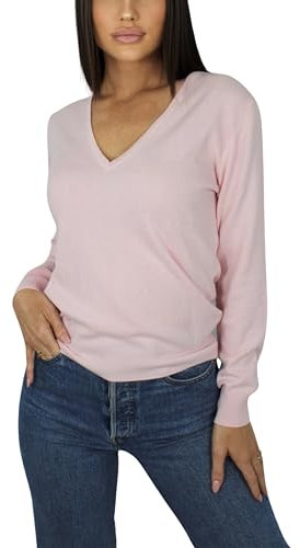 Pull Femme Col en V en Cachemire, Fabriqué en Italie (FR/ES, Alpha/Lettres, L, Taille Normale, Taille Normale, Rose pâle)