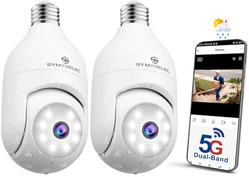 SYMYNELEC 5GHz/2.4GHz Telecamera Lampadina WiFi Esterno, 2K 4MP Videocamera Sorveglianza Senza Fili con Allarme Sonoro e Luminoso, Visione Notturna a Colori, Audio Bidirezionale, 2PCS